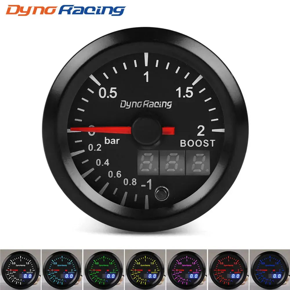 DynoRacing 2in black 52mm LED dual-display car gauge with Boost, oil temp, oil pressure, voltmeter, AFR, EGT and tach