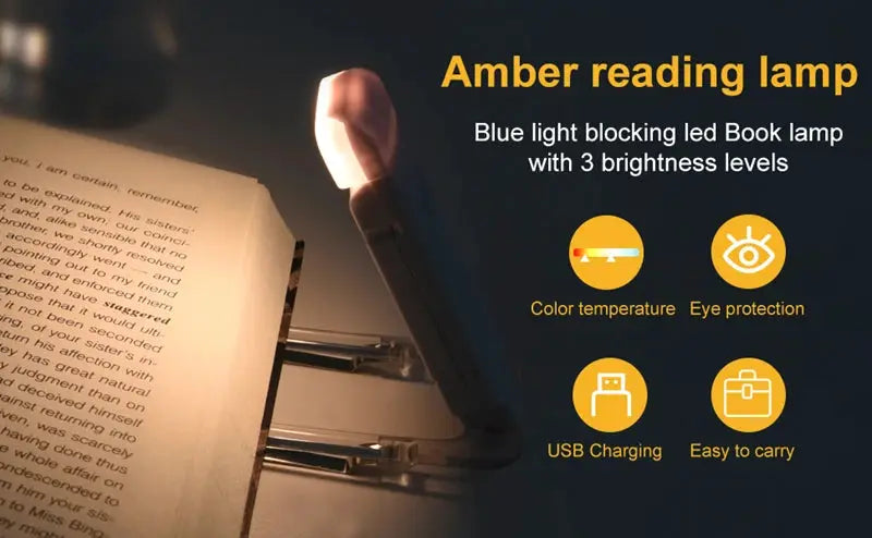 LED USB rechargeable clip-on book light by Simples Market; warm amber glow with three brightness levels