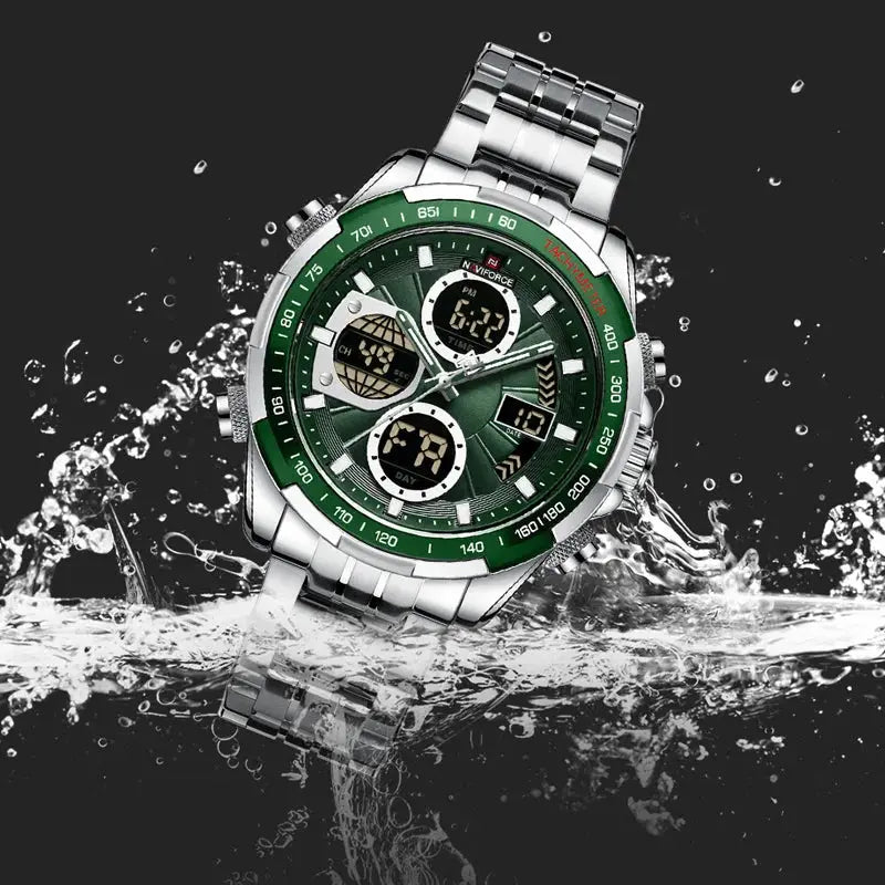 NAVIFORCE men's wristwatch with green dial, stainless steel band, dual display, waterproof, luminous