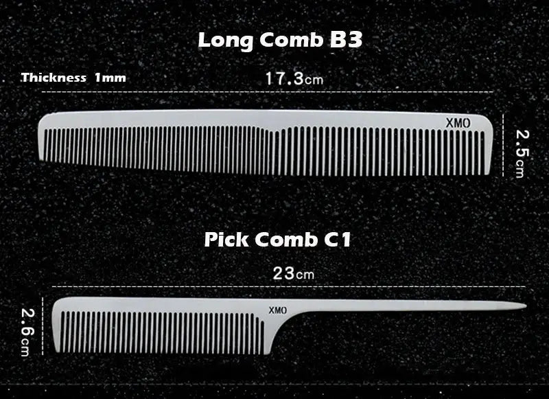 Two titanium steel hair combs, Long Comb B3 and Pick Comb C1 by XMO, ultra-thin 1mm