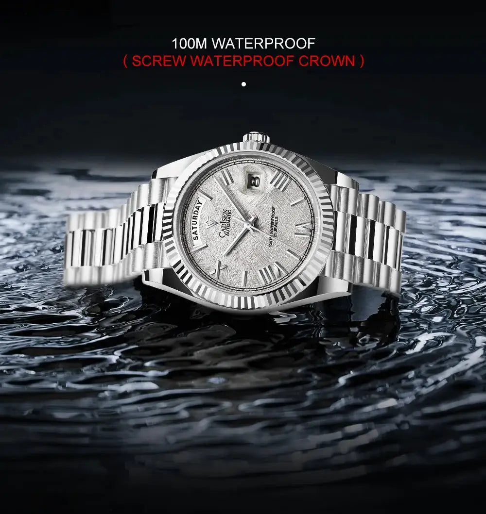 CADISEN men's mechanical watch with meteorite dial and stainless steel bracelet, 100m water resistant
