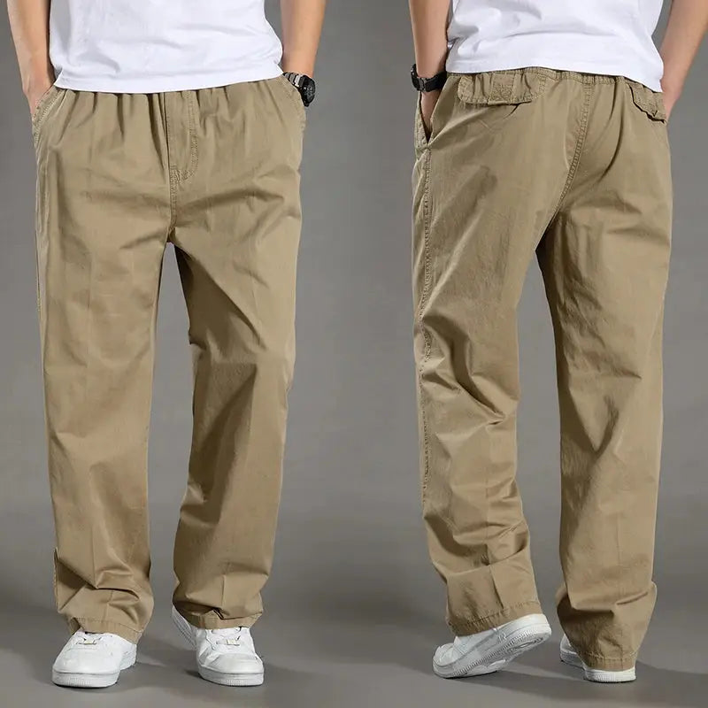 Men's cargo pants in khaki cotton, size 6XL, front and back views, casual workwear joggers for summer and spring