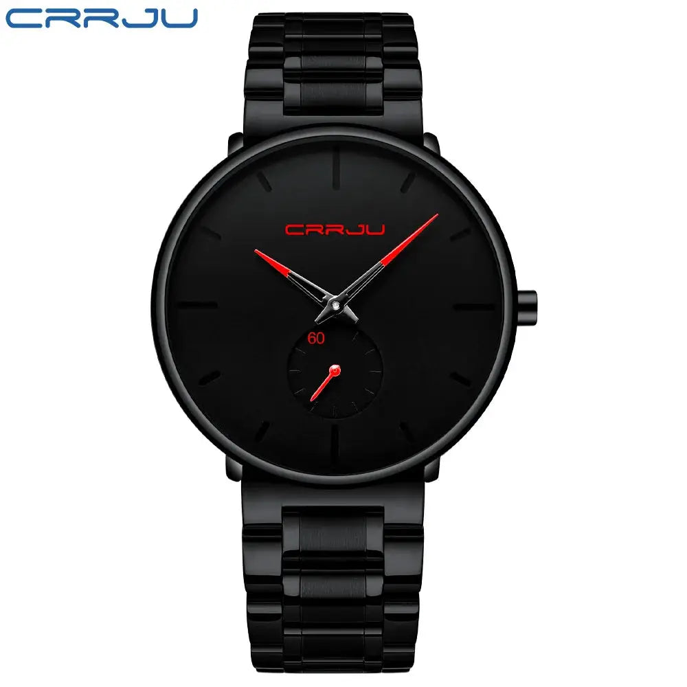 CRRJU men's black stainless steel watch with red hands and subdial