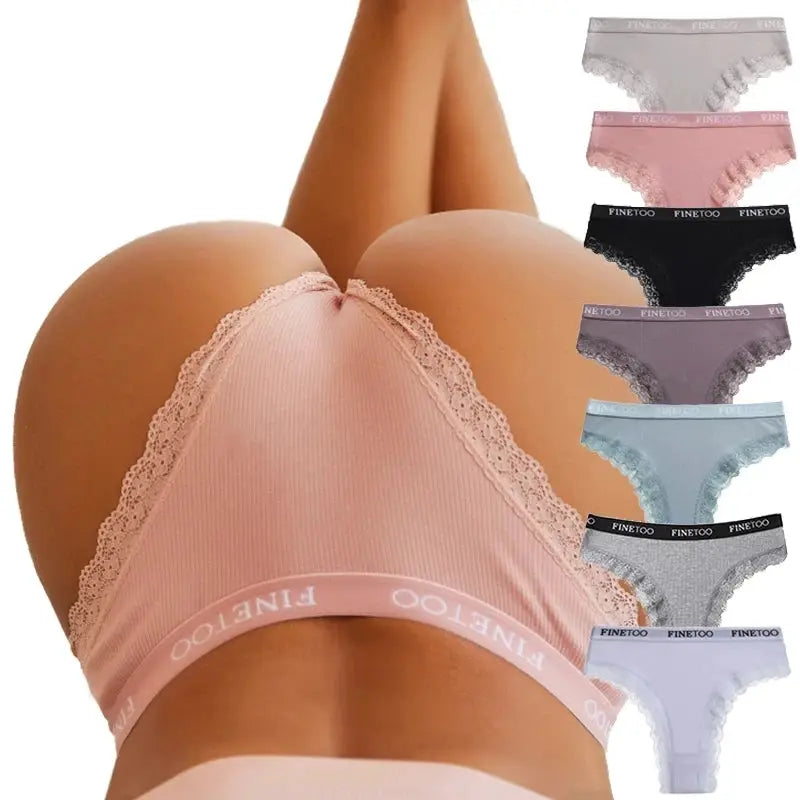 Pink cotton lace panties for women with scalloped trim; six color options shown; Finetoo waistband logo.