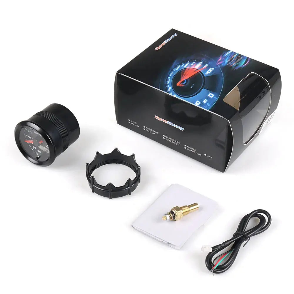 Simples Market Dynoracing 52mm LED dual-display gauge kit with black housing, mounting ring, sensor and wiring