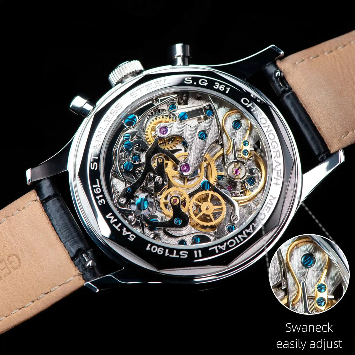 Sugess ST1908 skeleton mechanical chronograph watch with moonphase on tan leather strap