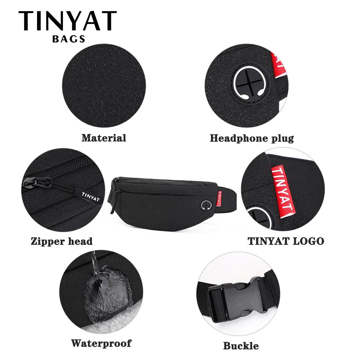 TINYAT waist bag, black fabric with adjustable belt strap and red logo tag