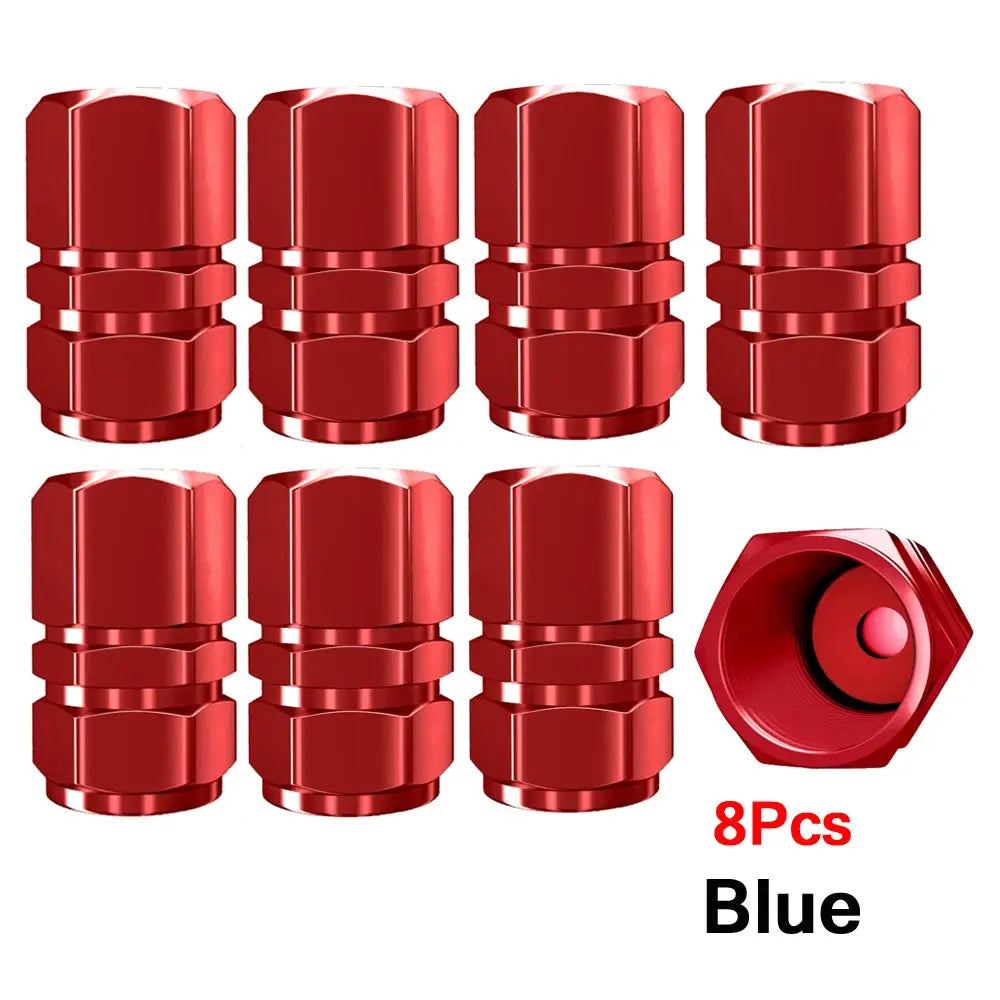 Tire valve caps set, 8 red aluminum alloy caps for cars and motorcycles