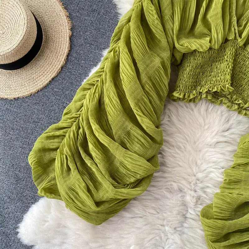 Simples Market lime green chiffon draped blouse with V-neck and puff sleeves