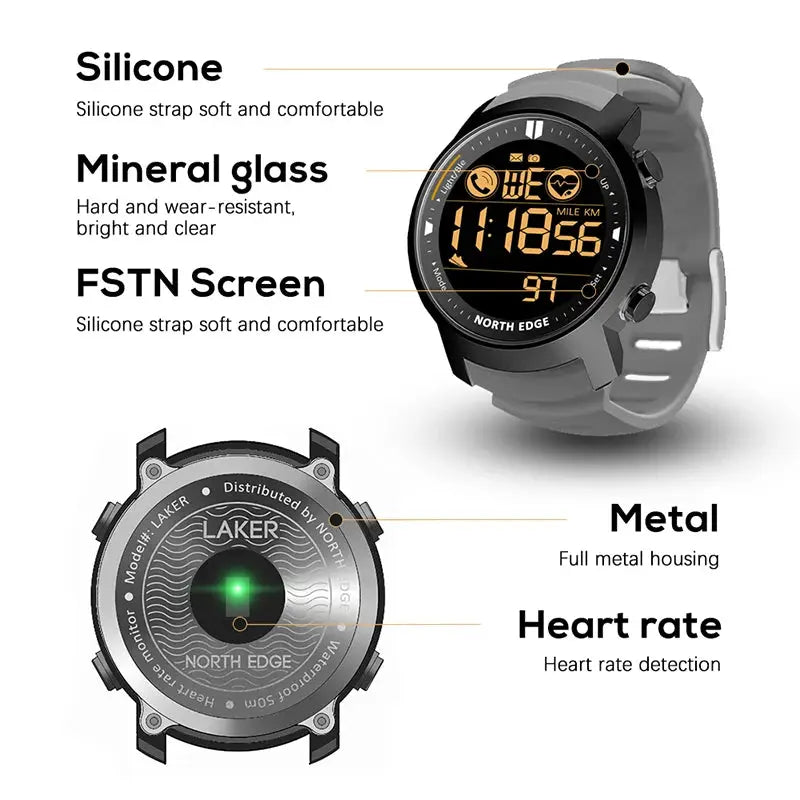 North Edge Men's Digital Watch Military Waterproof 50M Rugged Fitness Tracker With Heart Rate And Pedometer