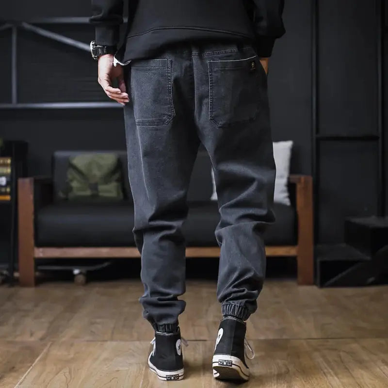 Simples Market plus size men's cargo jogger jeans, gray denim ankle-length with elastic cuffs