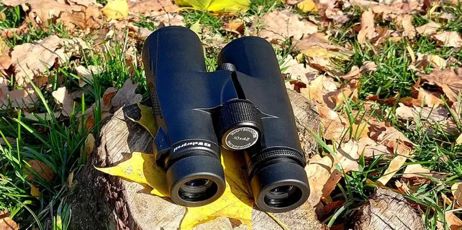 SVBONY binoculars, black, pair on a log with autumn leaves