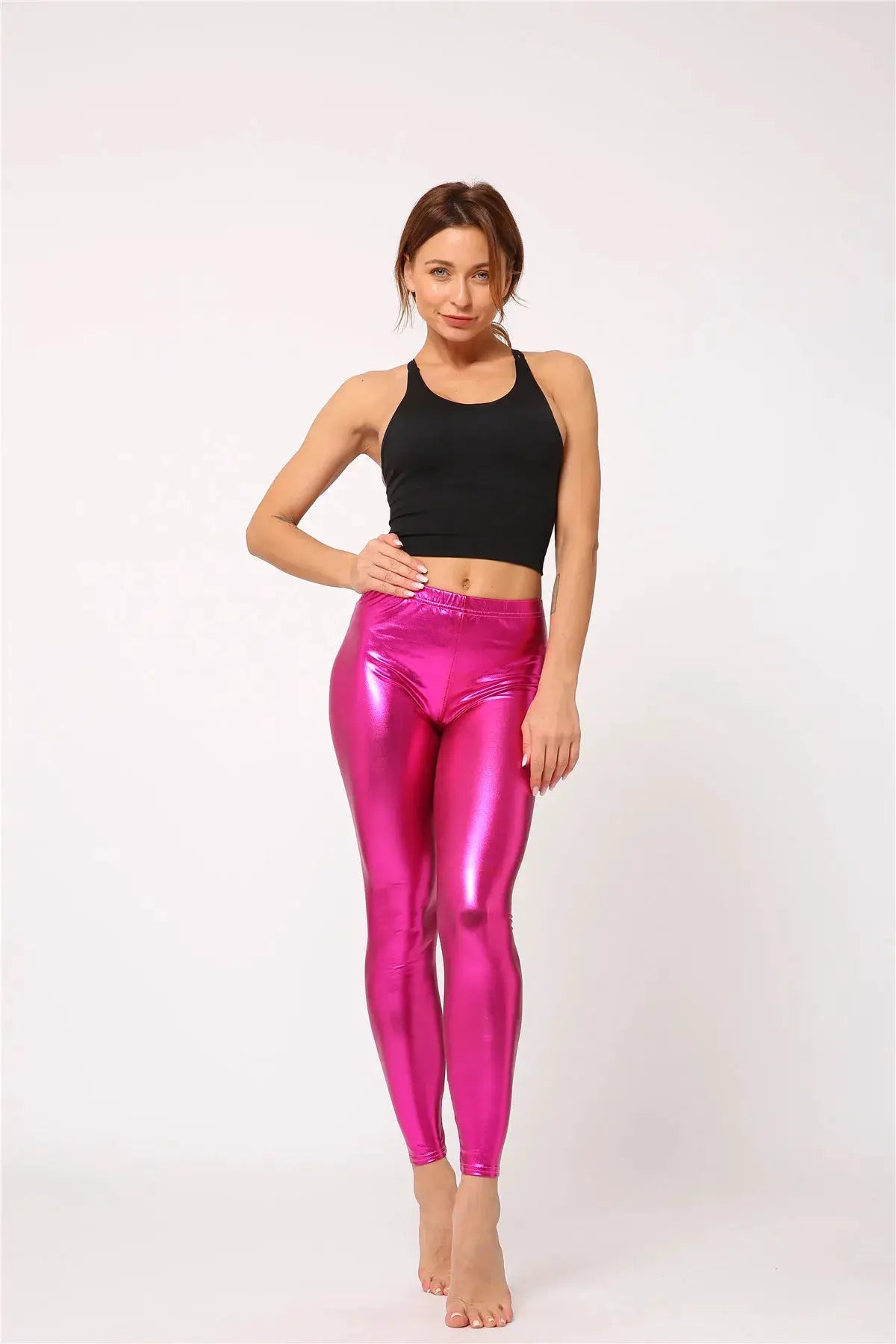 Ladies candy-pink metallic leggings, high-waist with a shiny finish
