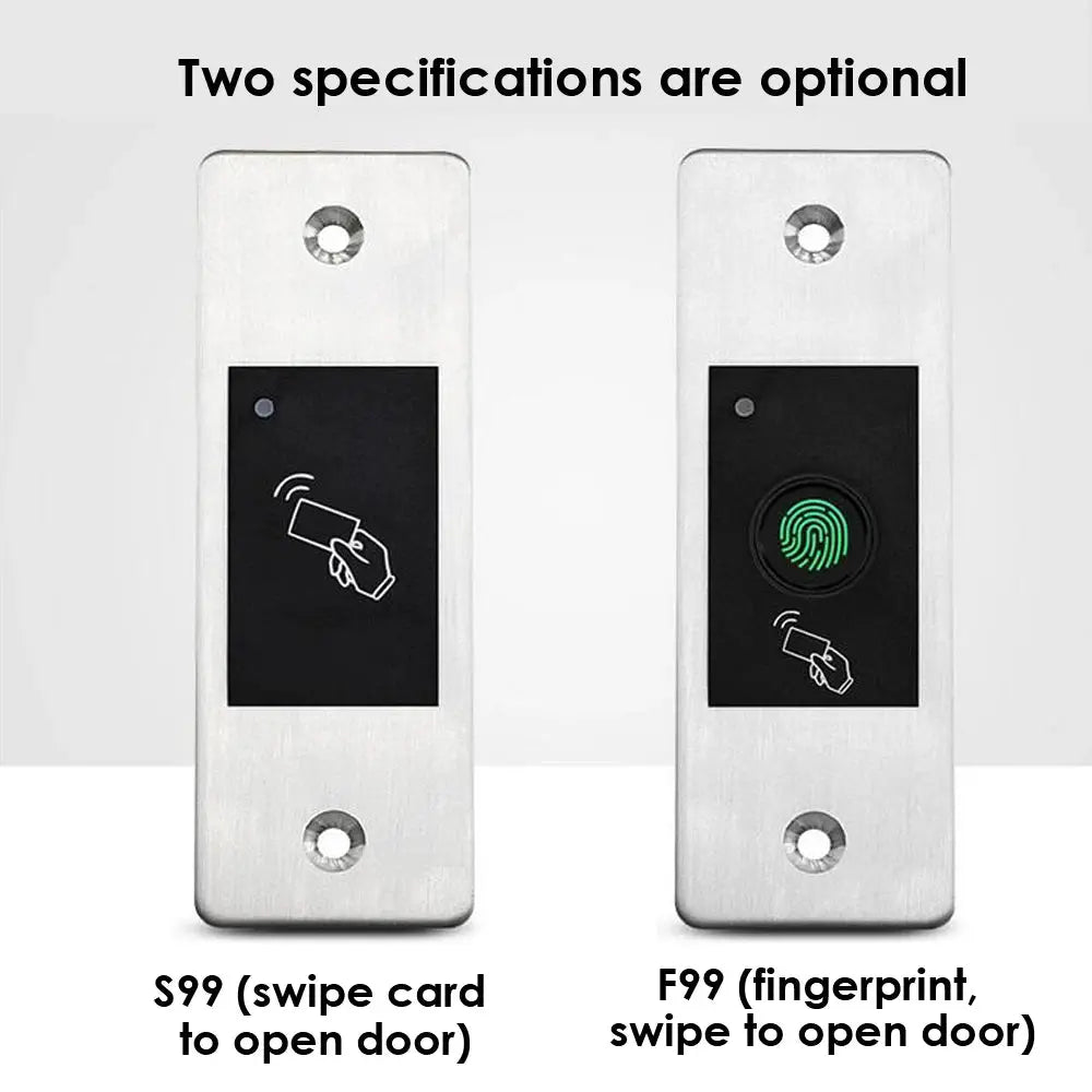 Two brushed-metal RFID door readers: left card-swipe unit and right fingerprint scanner.