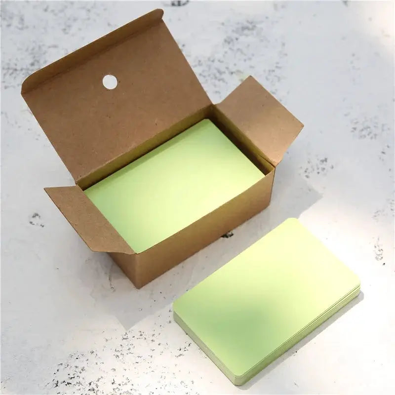 Kraft paper blank card set, 100 pcs by Simples Market, lime-green gradient writing cards in a brown box