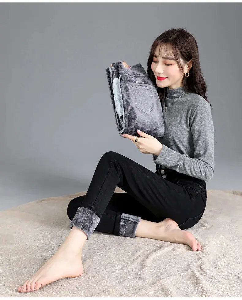 Thermal Winter Thick Fleece High Waist Stretch Skinny Jeans For Women