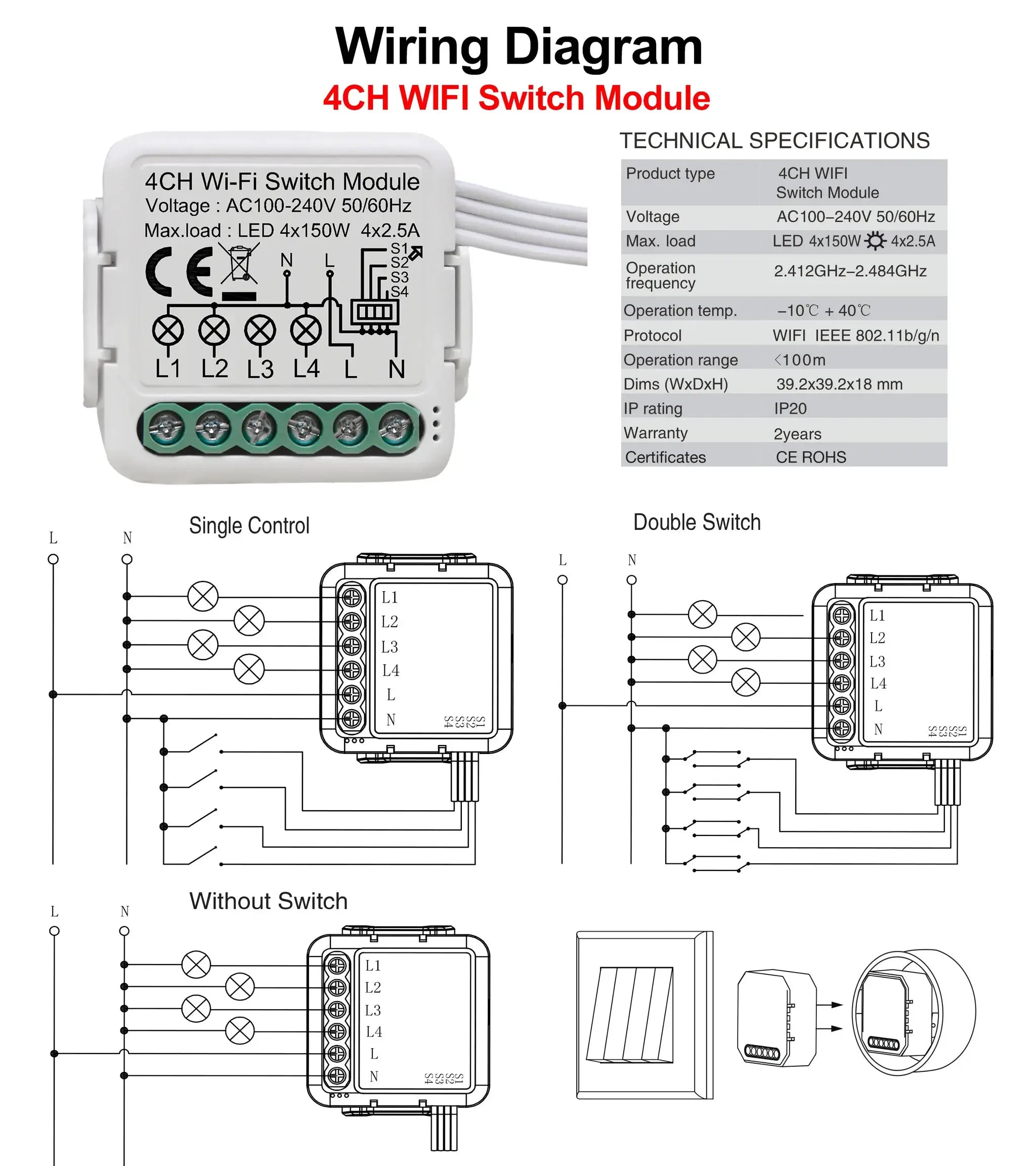 4CH WiFi switch module for AC100–240V with 4 output terminals and wiring diagram