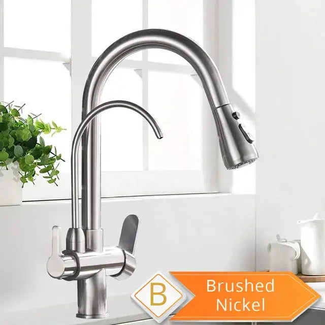 Kitchen faucet by Simples Market with brushed nickel finish and pull-out spray head