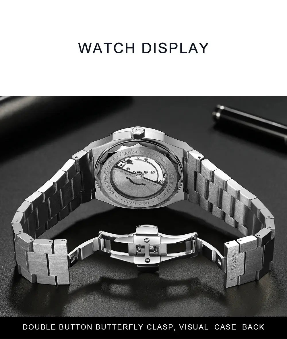 CADISEN Diver watch with stainless steel bracelet and butterfly clasp; case back reveals automatic movement