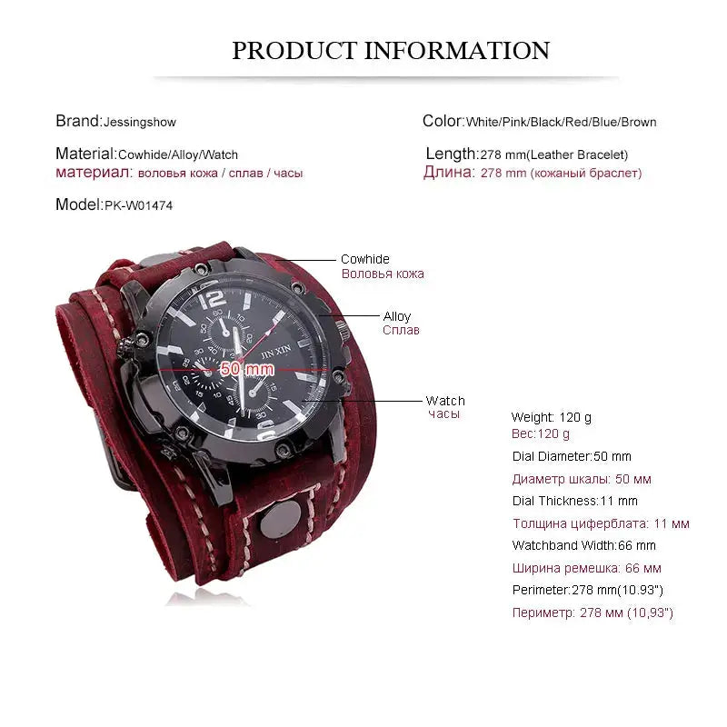 Rogue Punk Style Mens Quartz Watch With Wide Genuine Cowhide Leather Strap And Luminous Dial