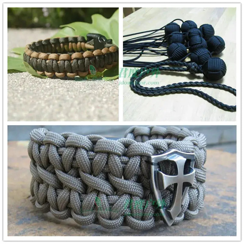Simples Market military 550 paracord rope set; gray braided bracelets with anchor clasp and blue cord.