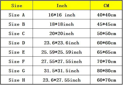 Simples Market silk pillowcase size chart with zipper, showing sizes from 40x40 cm to 80x80 cm.