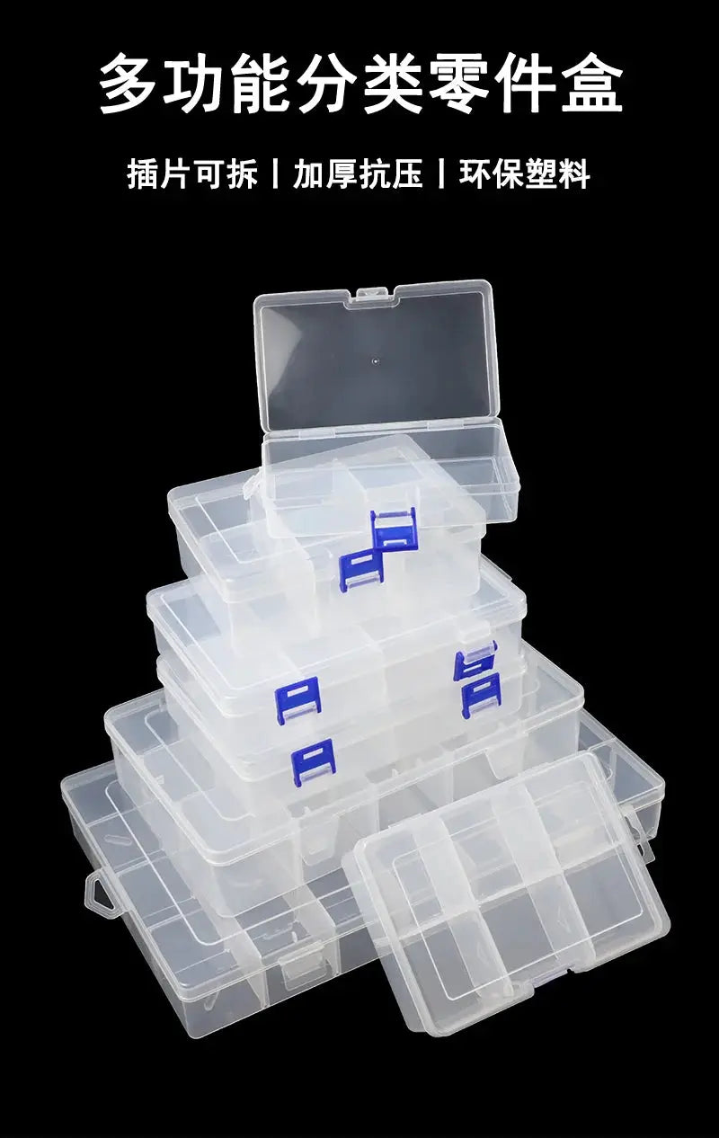 Clear plastic 10-slot storage box set with blue latches for organizing beads and small parts.