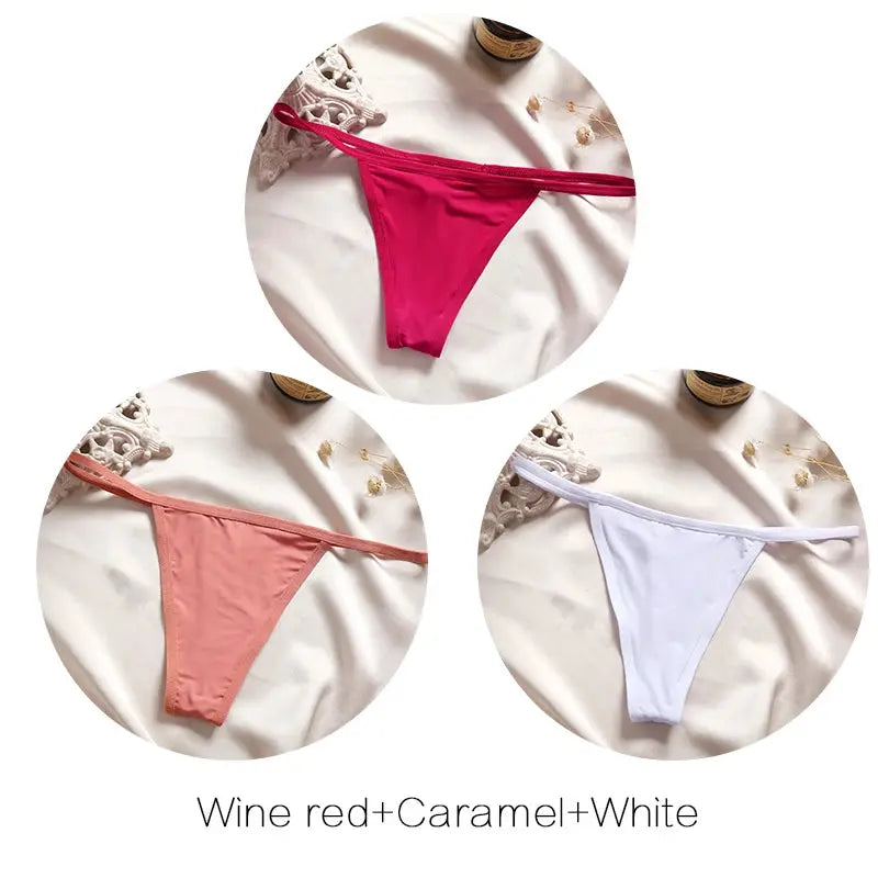 Simples Market FINETOO 3-piece low-rise thong set for women in wine red, caramel and white
