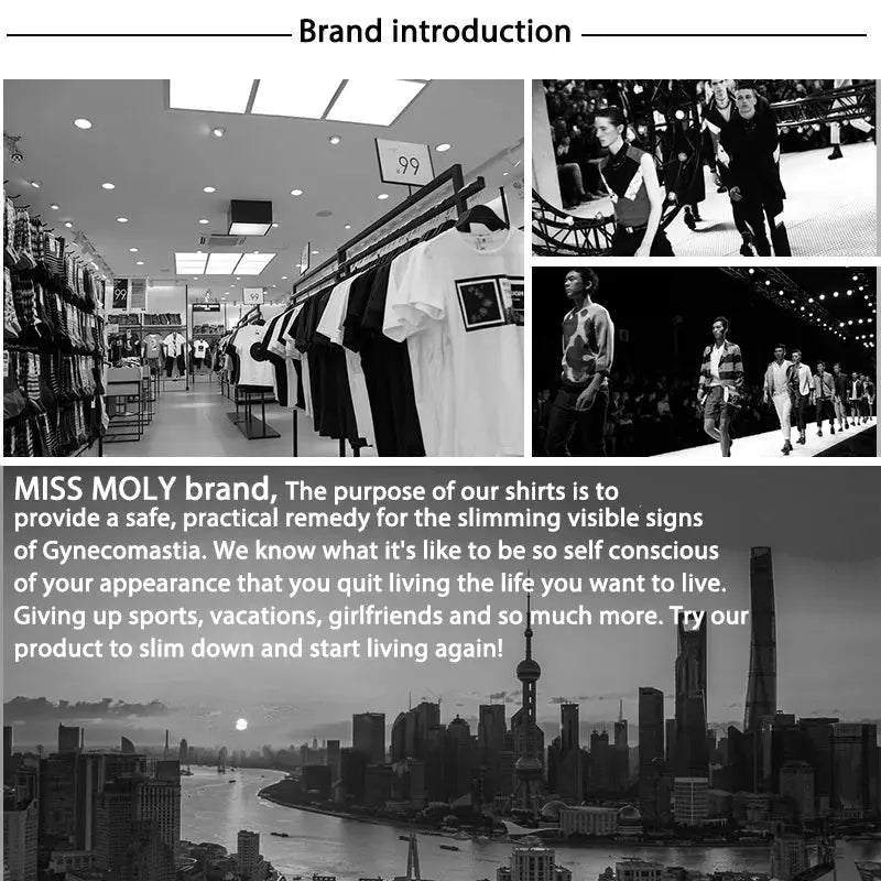 MISS MOLY brand collage: store shelves, runway, city skyline.