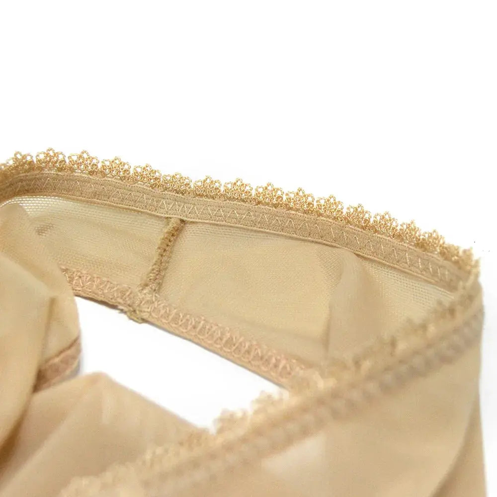 Beige lace mesh lingerie with scalloped trim and see-through fabric