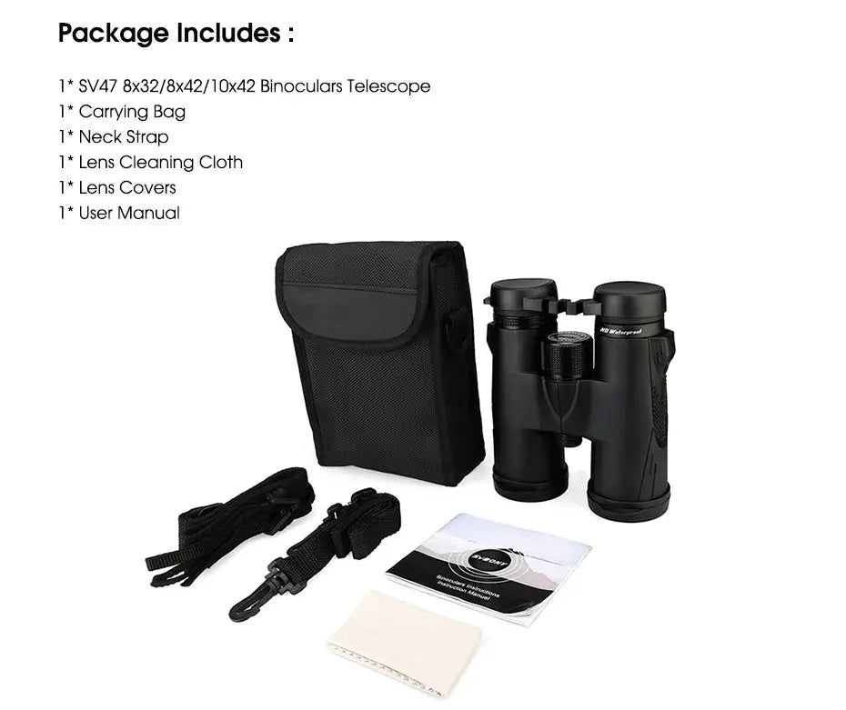 SVBONY SV47 binoculars 8x32/8x42/10x42, black, IPX7 waterproof, with carrying bag and accessories