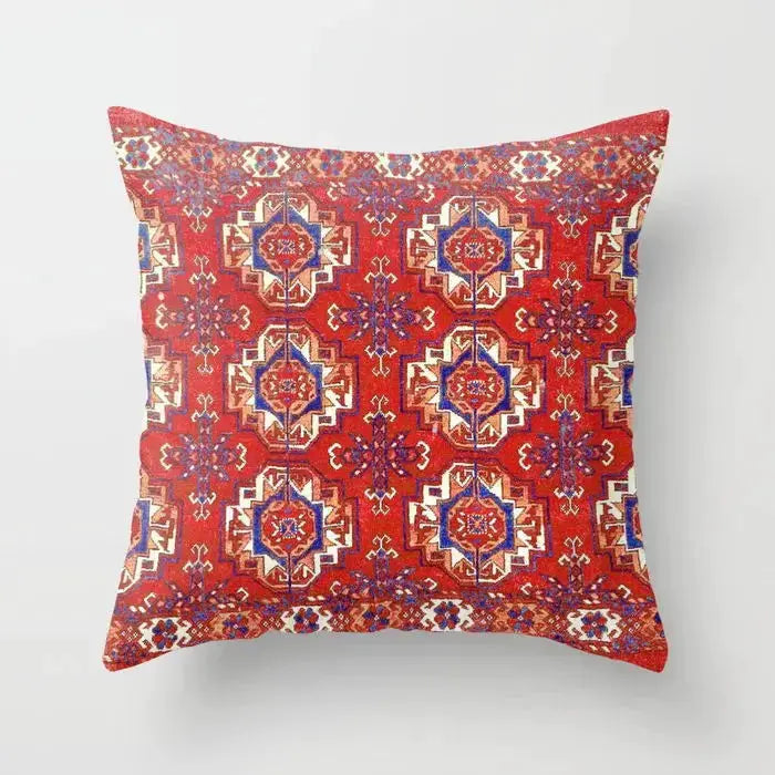 Simples Market pillow cover, Nordic Moroccan Bohemian design in red with blue geometric medallions