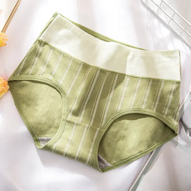 Simples Market women's high-waist cotton underwear in olive green with white stripes, seamless comfort briefs