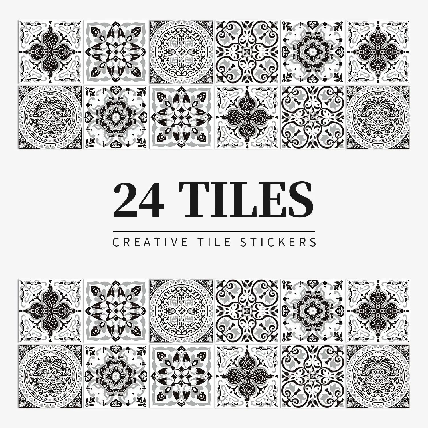 24-piece light-gray tile stickers by Simples Market; self-adhesive black-and-white wall decals for kitchen/bathroom.