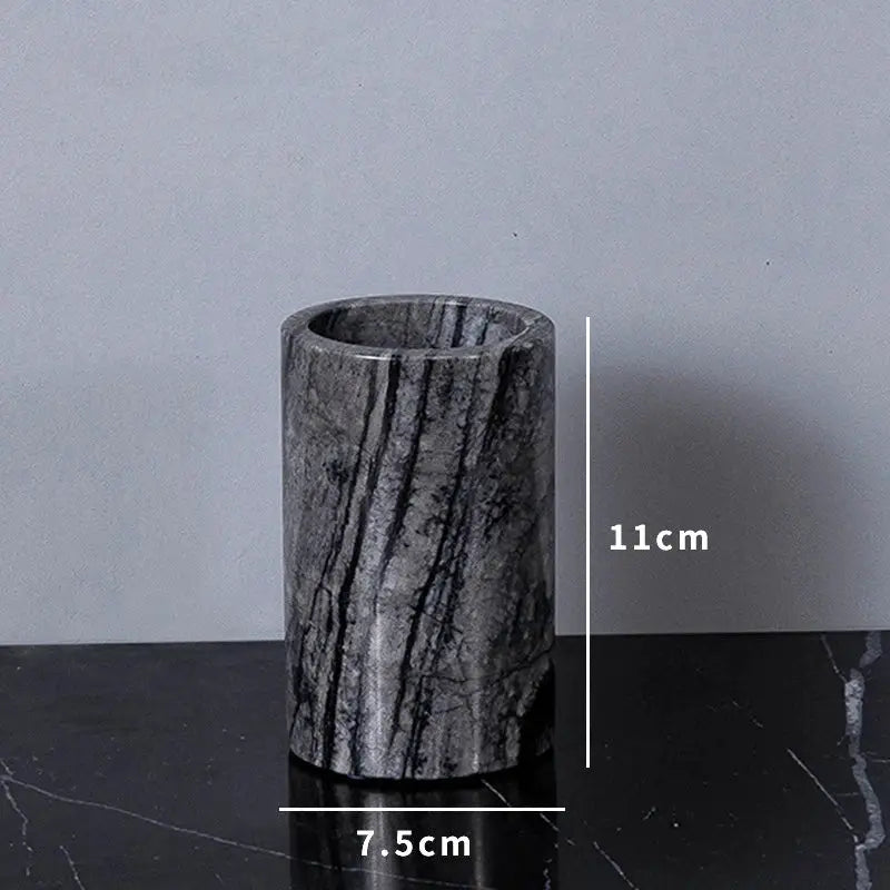 To toothbrush holder in dark wood-grain natural marble, 11 cm tall, 7.5 cm wide