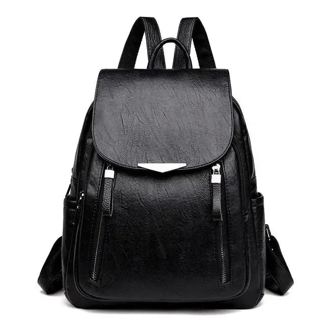 Yogodlns luxury PU leather backpack, black, with flap front and double zipper pockets.