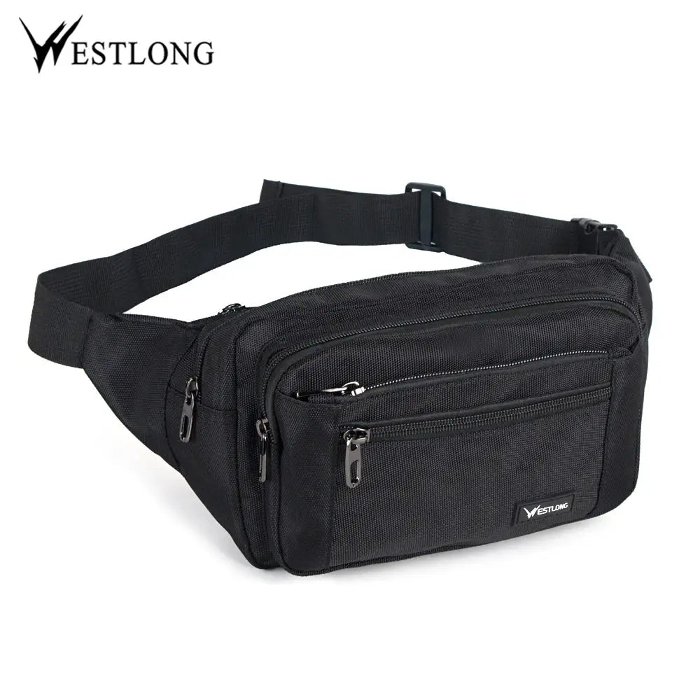 Westlong waist pack, black nylon fanny bag with multiple zip pockets and adjustable strap