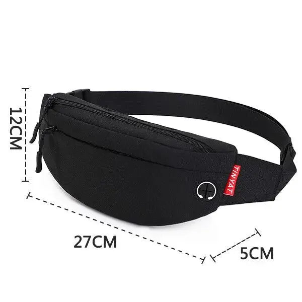TINYAT black waist bag fanny pack with adjustable strap and two zip compartments; measuring 27x12x5 cm.