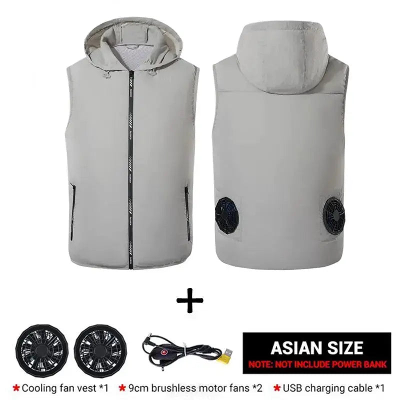 Simples Market cooling fan vest, light gray sleeveless windbreaker with hood, includes two USB fans and USB charging cable
