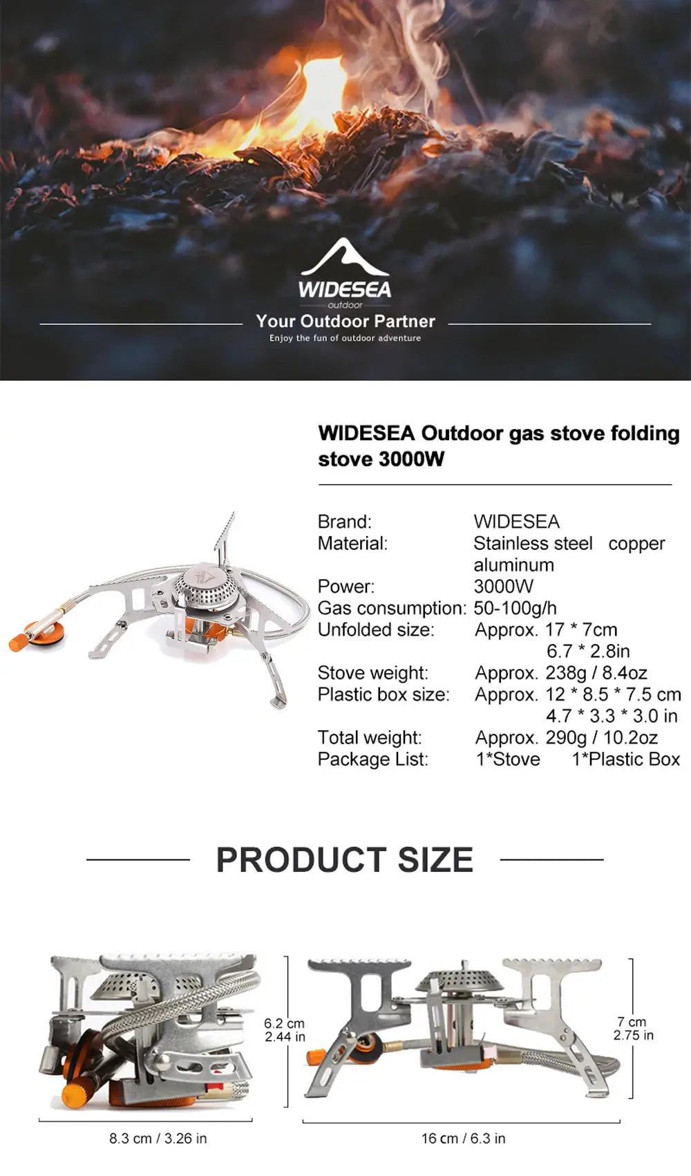 Widesea folding camping gas stove, stainless steel with orange control knob, 3000W