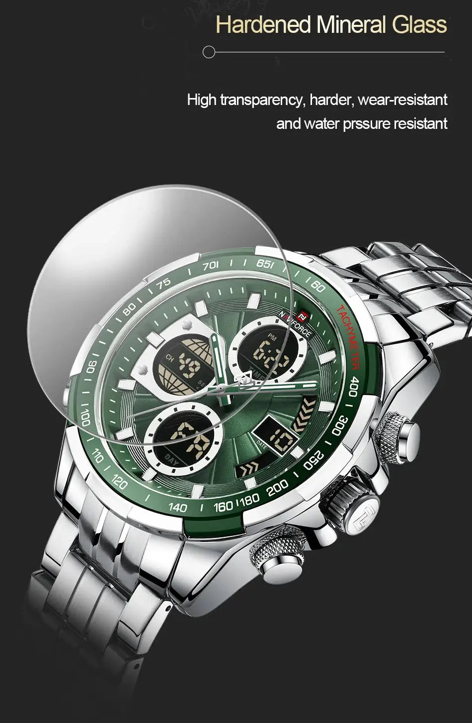 NAVIFORCE men's stainless steel sports watch with green dial, luminous dual-display quartz