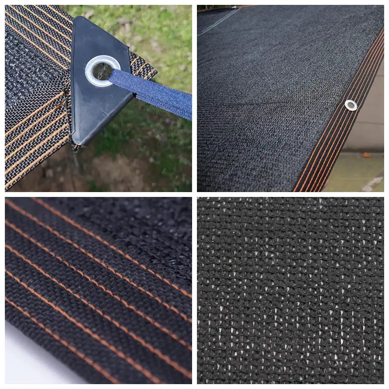Simples Market sunshade net; HDPE garden shading in black with orange stitching, grommets and mounting strap