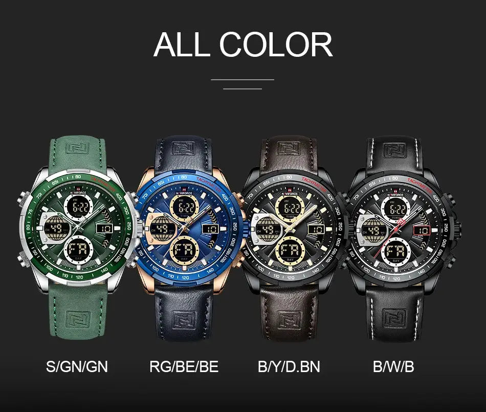 NAVIFORCE men's fashion military chronograph watch set in green, blue, brown, and black leather straps