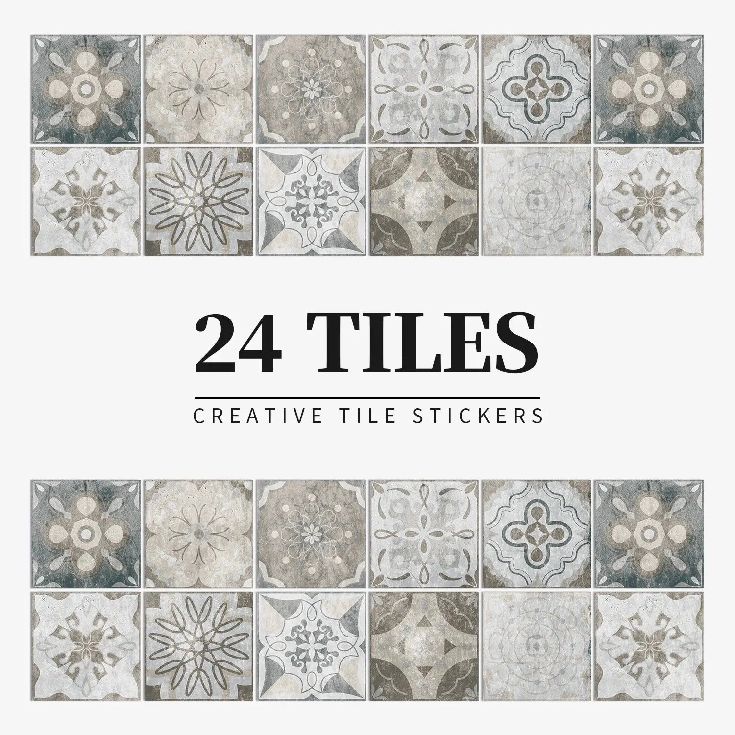 24-tile set of light-colored wall stickers; waterproof, self-adhesive decals with vintage patterns for kitchen and bathroom