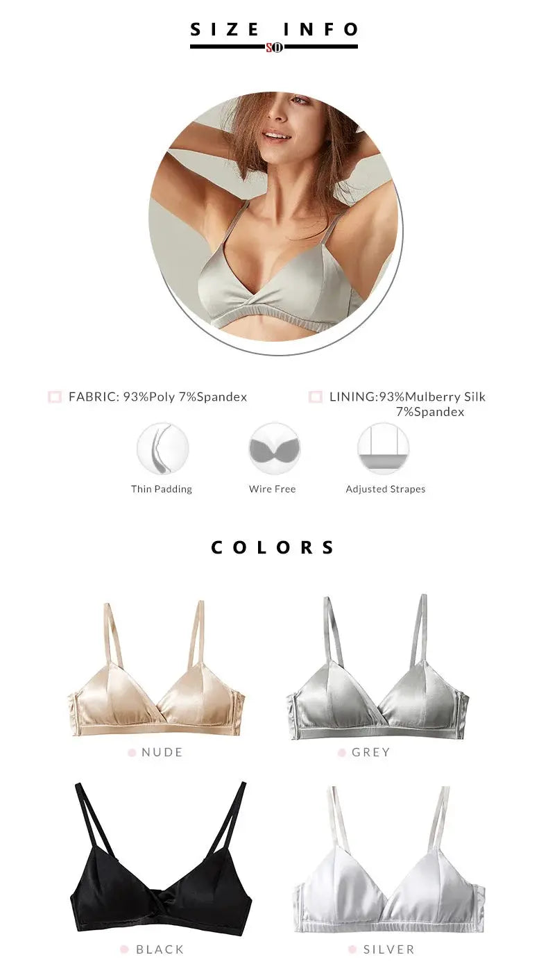 SuyaDream wire-free silk bra by Simples Market, natural silk lining, 3/4 cup in grey/silver for everyday wear