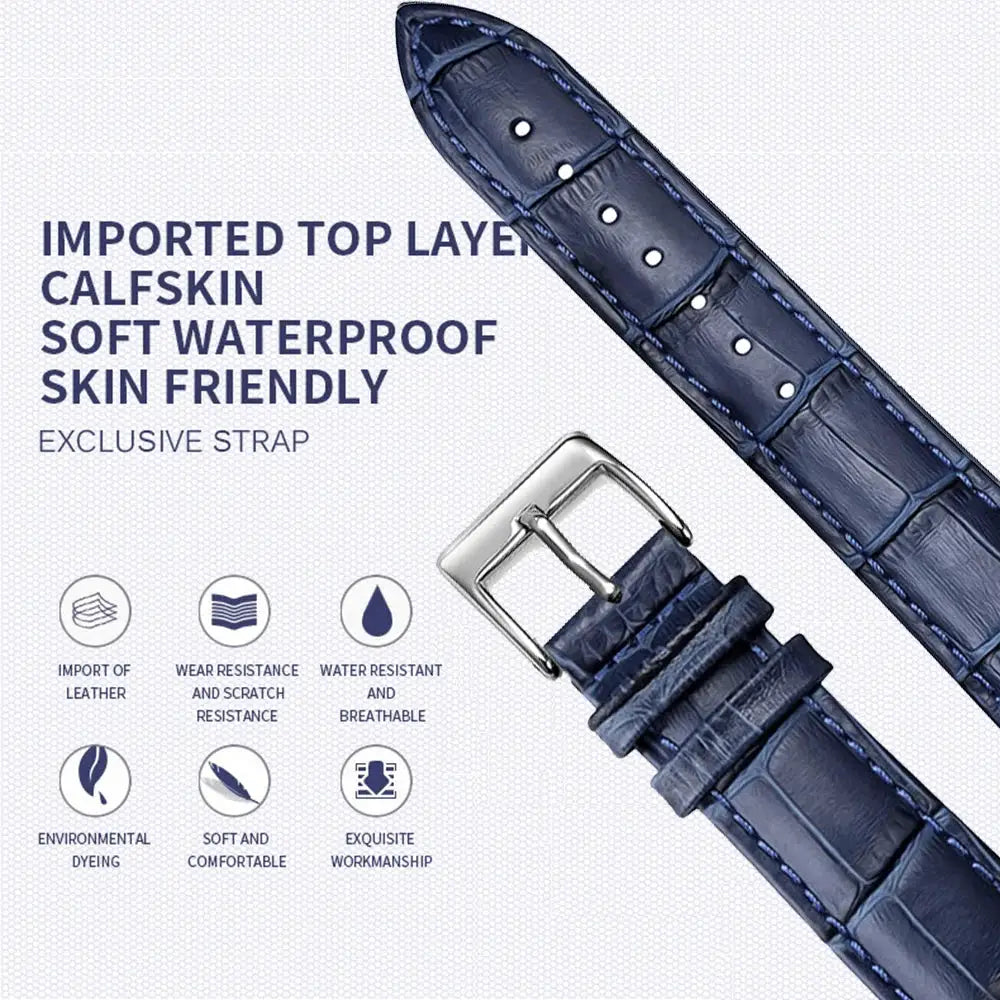 Leather watch strap, blue crocodile-embossed with silver buckle; fits 12–24 mm watches.