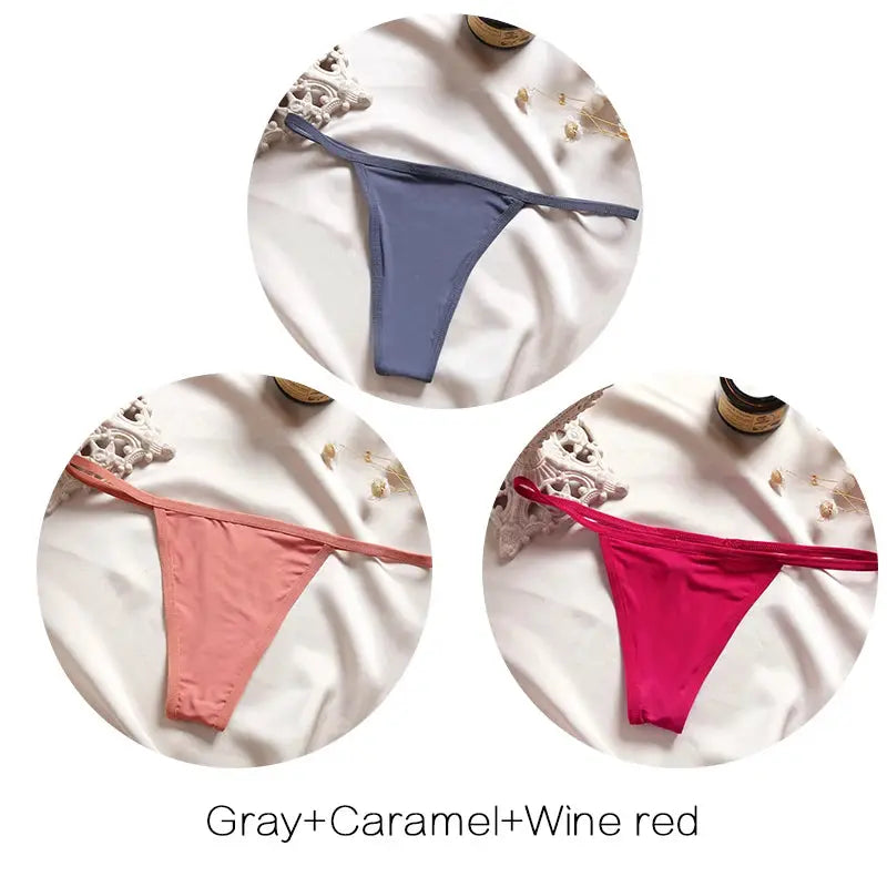 FINETOO 3-piece low-rise thong set by Simples Market in gray, caramel, and wine red.