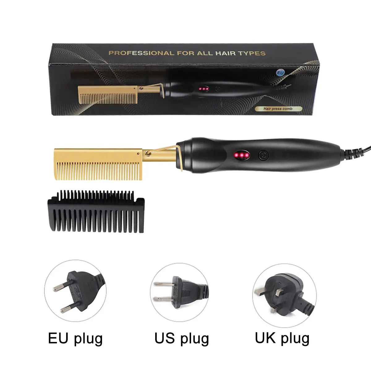 Simples Market 2-in-1 hot comb hair straightener with gold comb head and black handle; includes EU/US/UK plug adapters