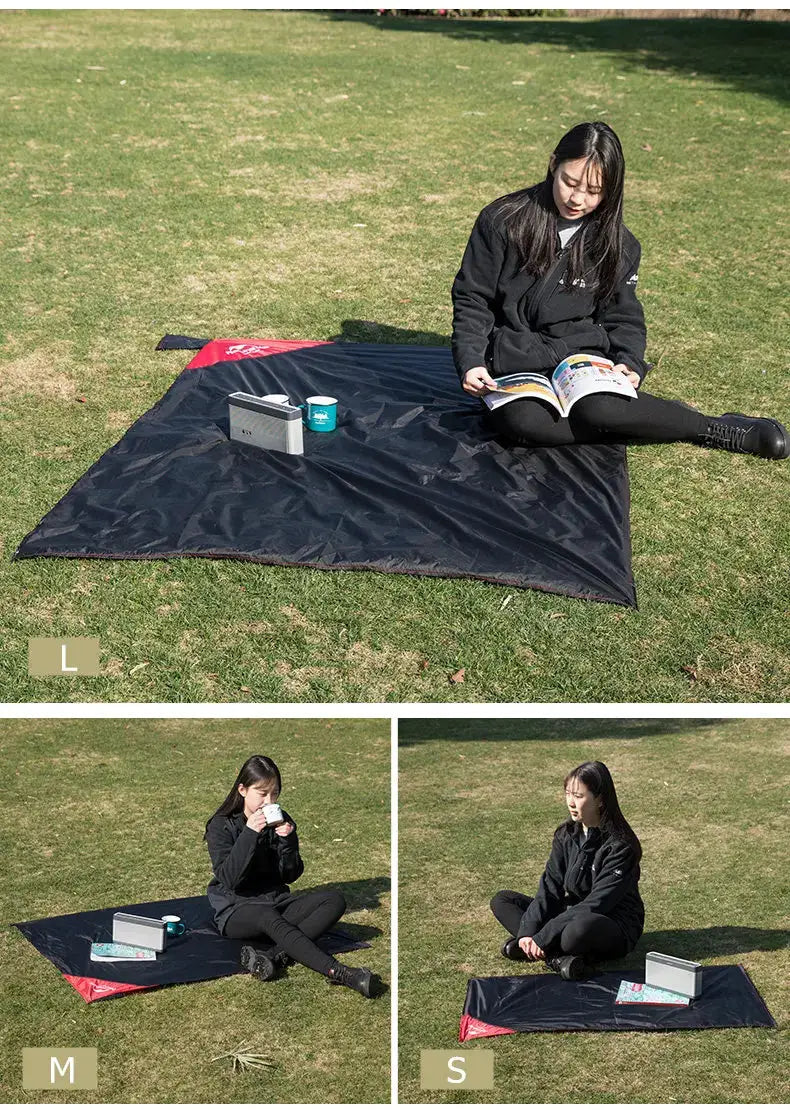 Naturehike pocket beach mat, waterproof picnic blanket in black with red corner; three sizes L, M, S shown.