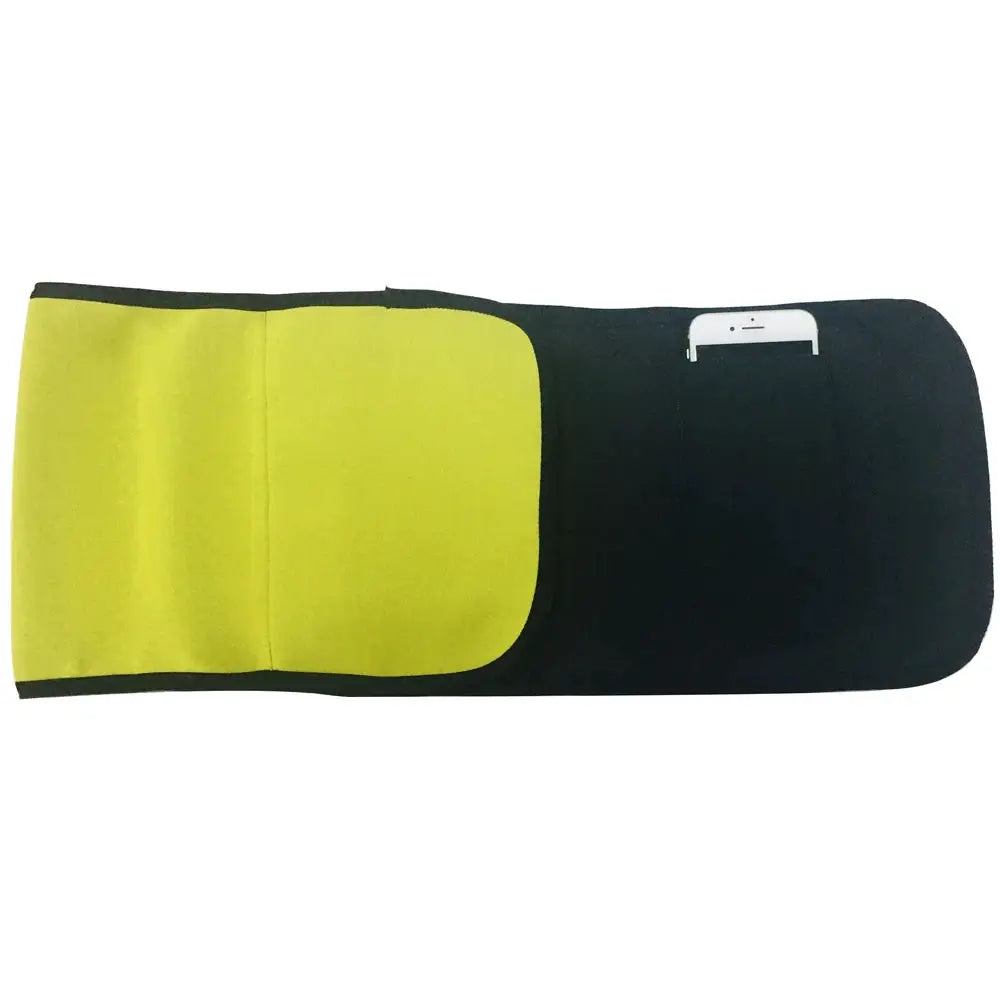 Waist trainer belt by Simples Market, black with neon yellow interior and built-in phone pocket